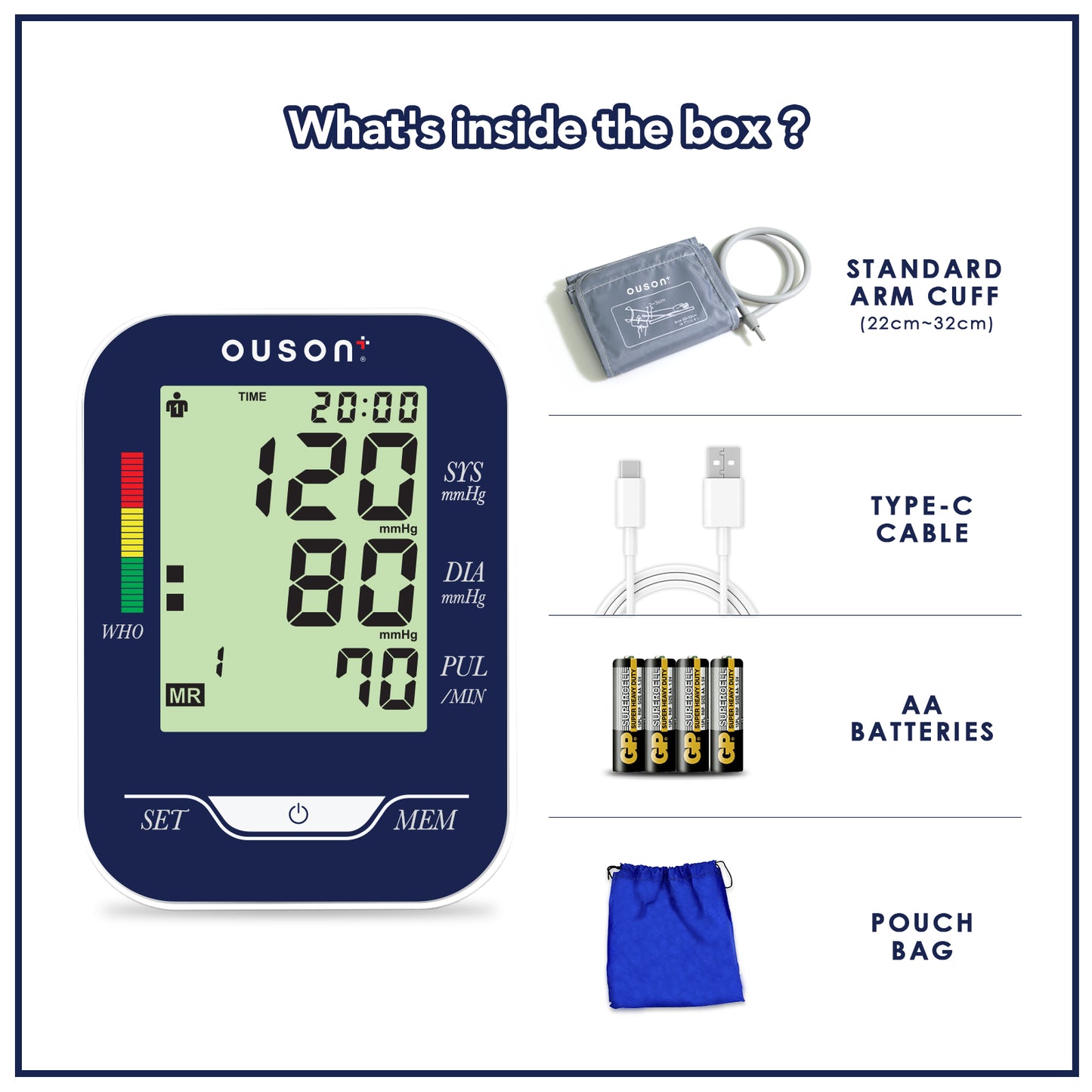Ouson Senior Elite 3 Colour Backlight Arm Type Electronic Blood Pressure Monitor