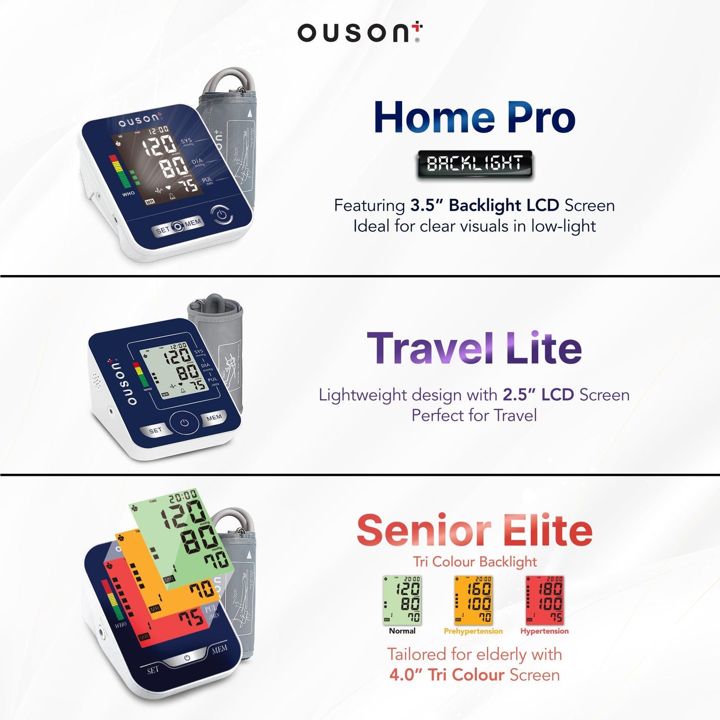 Ouson Senior Elite 3 Colour Backlight Arm Type Electronic Blood Pressure Monitor - Ouson