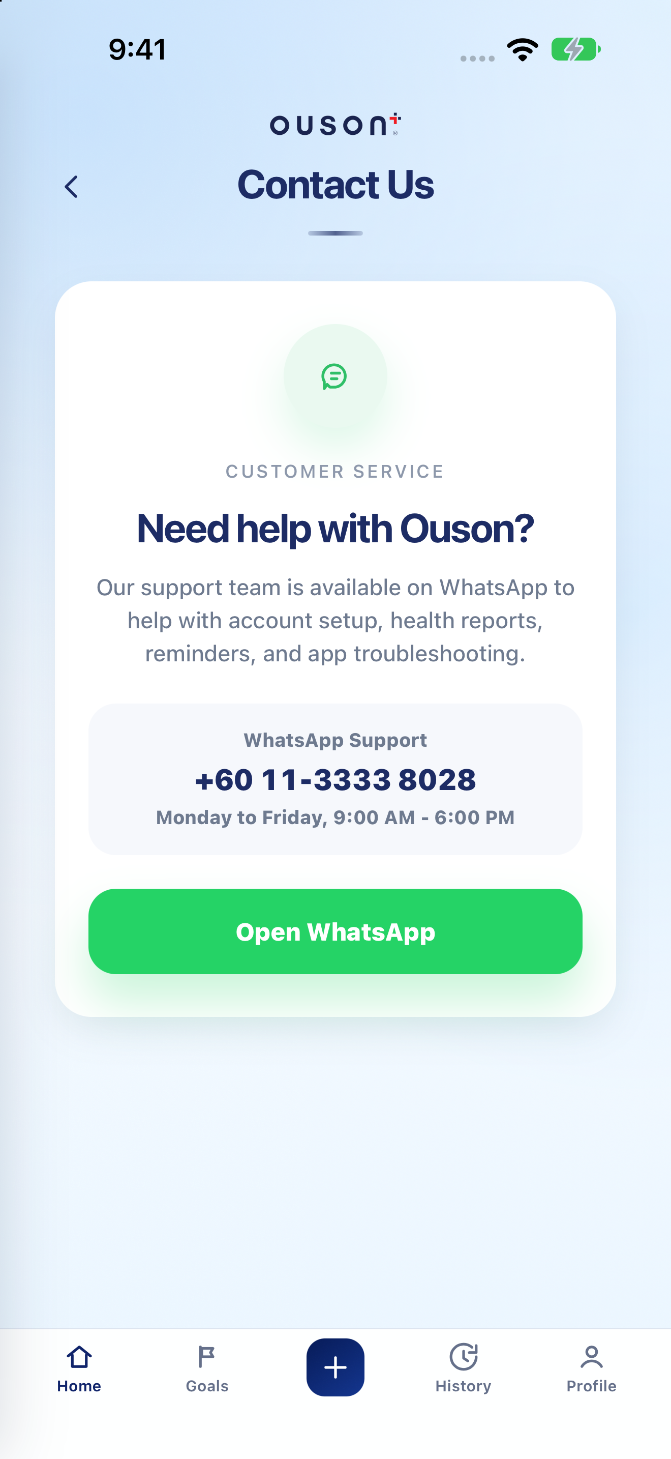 OUSON Health Help Center and Contact Us on iPhone