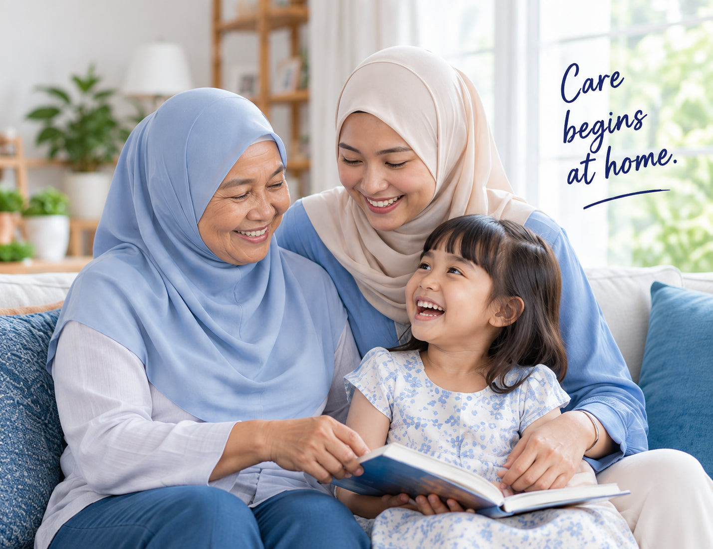 Illustrative scene of three generations of a Malaysian family sharing a book at home. Care begins at home.