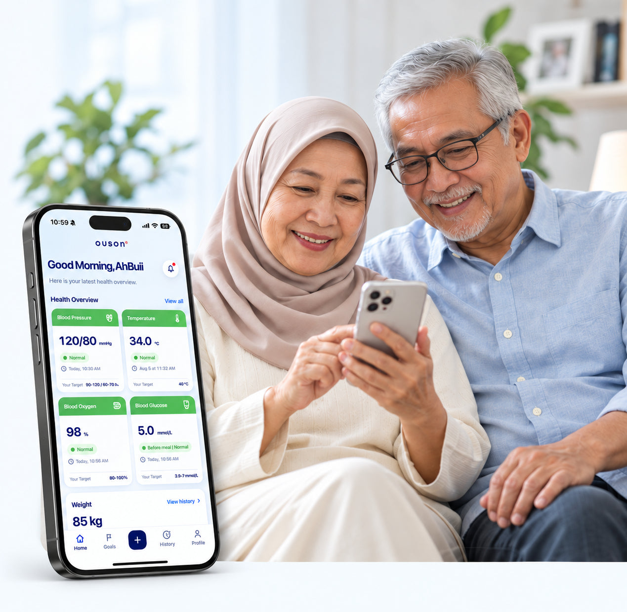 Illustrative Malaysian Malay couple using the OUSON Health App with a physical phone mockup