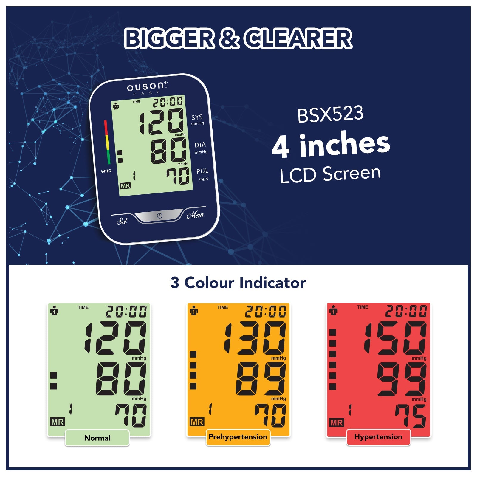 Ouson 3 Color Backlight L Size (22cm-48cm) Arm Type Electronic Blood Pressure Monitor [BSX523]