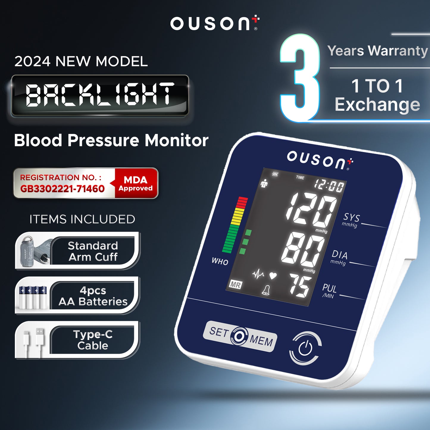 Ouson 3.5" Backlight Arm-Type Electronic Blood Pressure Monitor [BSX516]