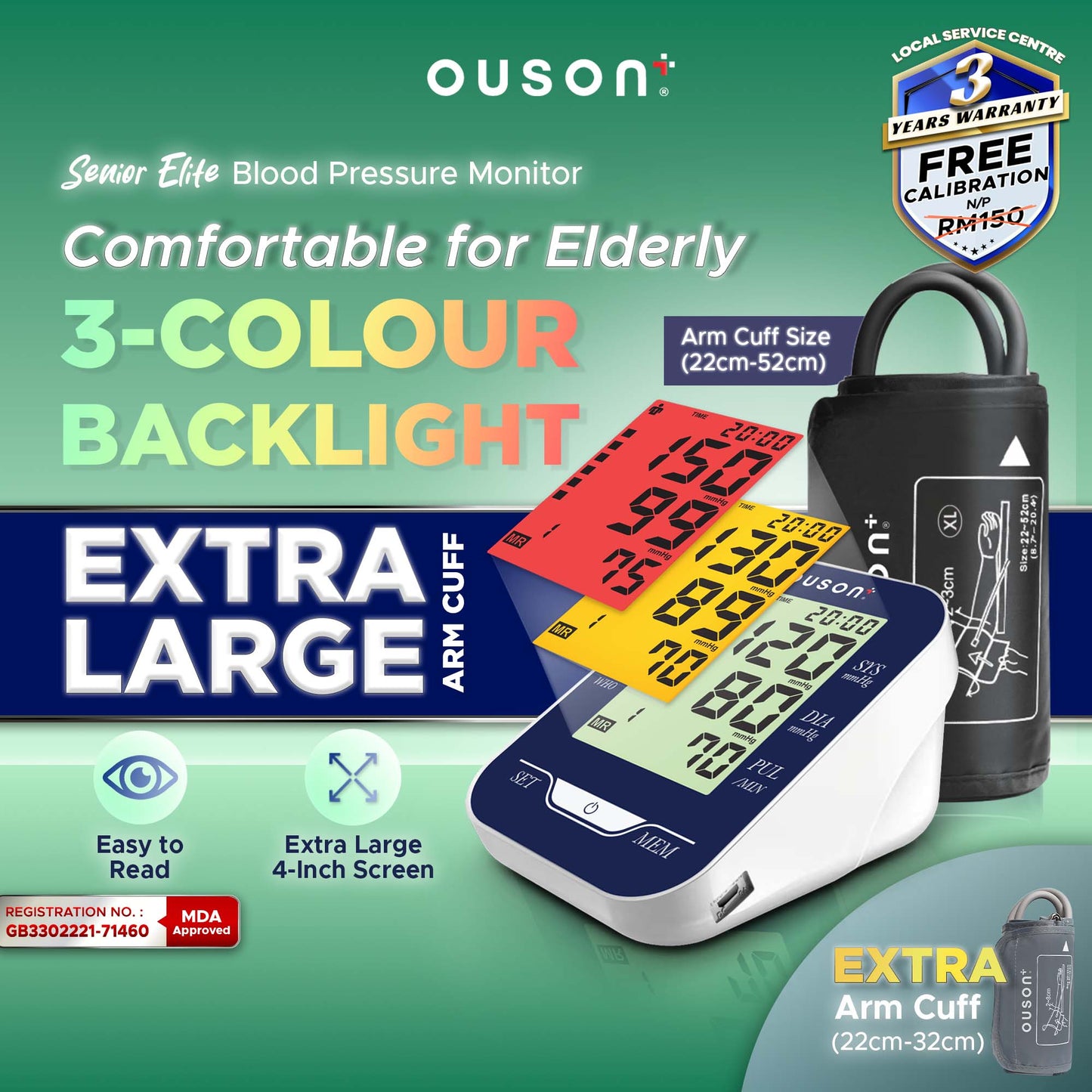 Ouson Senior Elite 3 Colour Backlight Extra Large Size (22cm-52cm) Arm Type Electronic Blood Pressure Monitor