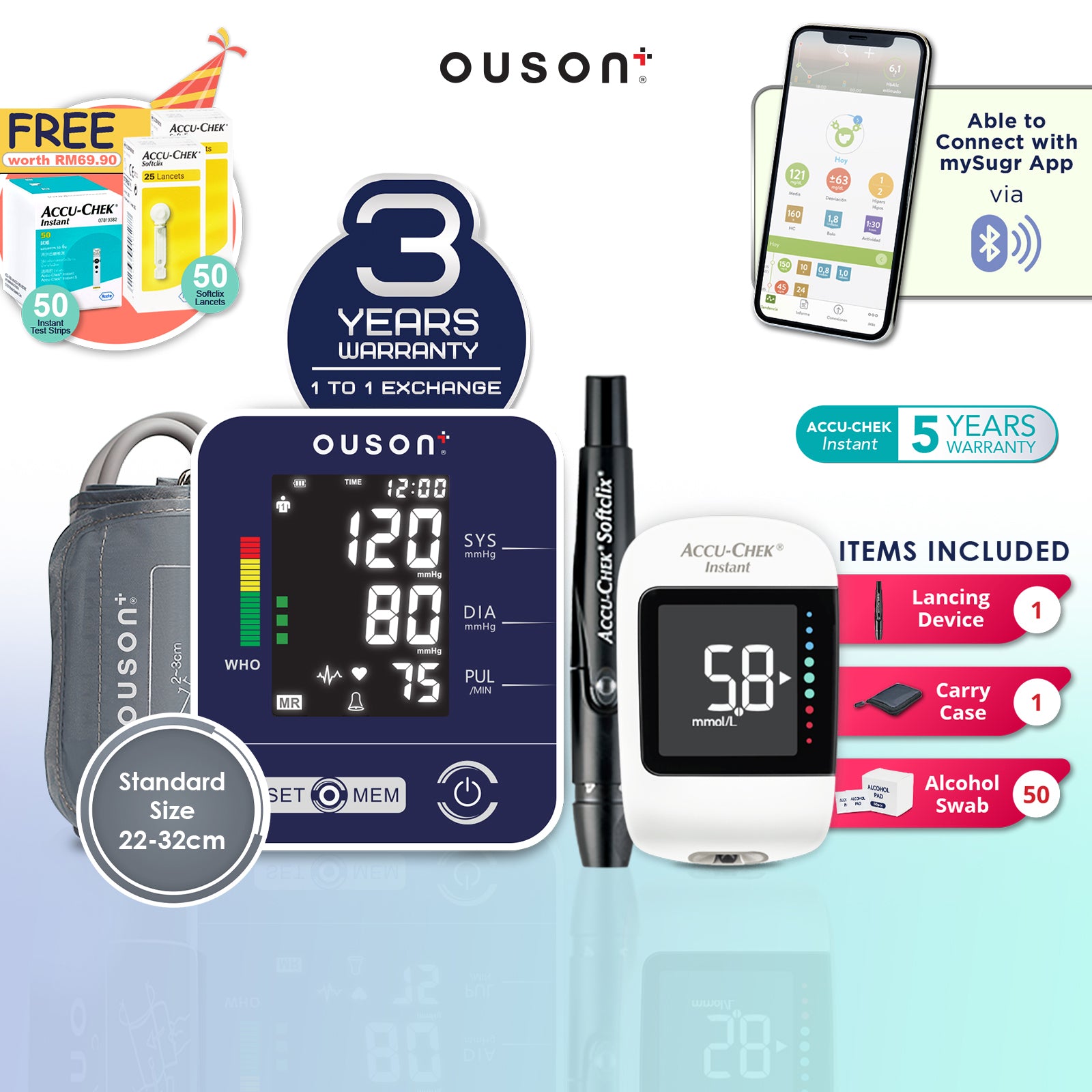 Ouson Backlight Digital Blood Pressure Monitor With Accu-Chek Instant Blood Glucose Meter