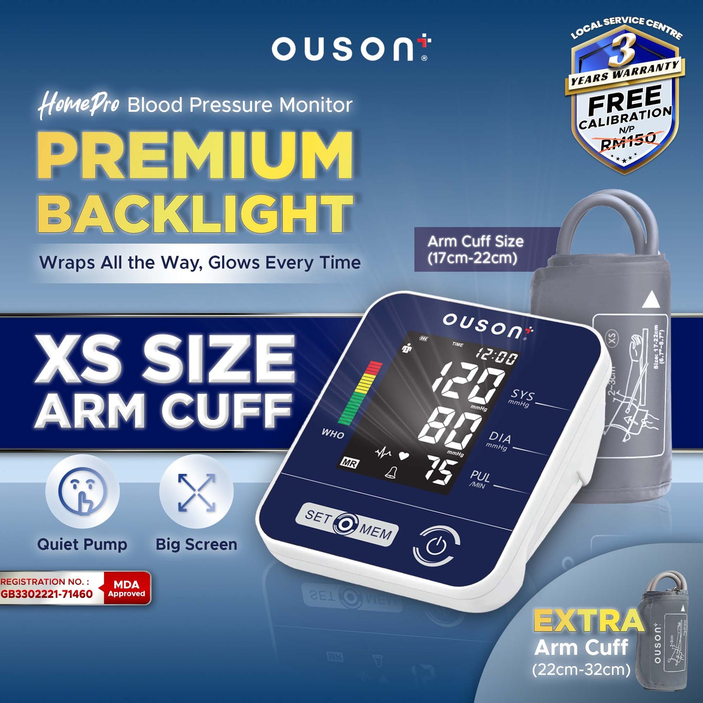 Ouson  Home Pro 3.5" Backlight XS Size (17cm-22cm) Arm-Type Electronic Blood Pressure Monitor