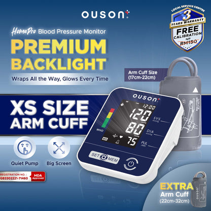 Ouson  Home Pro 3.5" Backlight XS Size (17cm-22cm) Arm-Type Electronic Blood Pressure Monitor