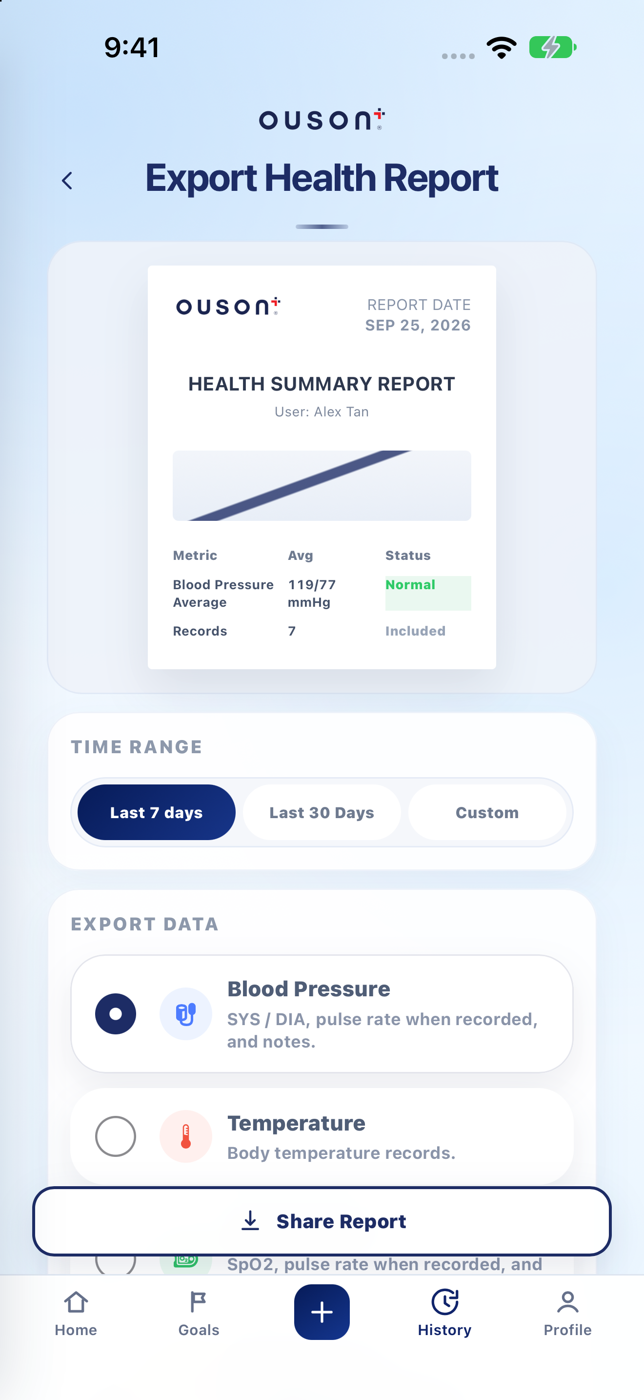 OUSON Health Export Health Report on iPhone