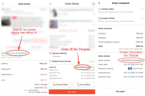 Marketplace order examples with the Order ID or Order No. marked in red.