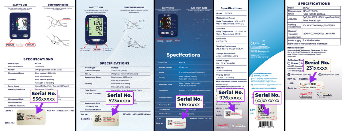 Six OUSON product boxes with purple Serial No. arrows pointing to the serial number circled in red.
