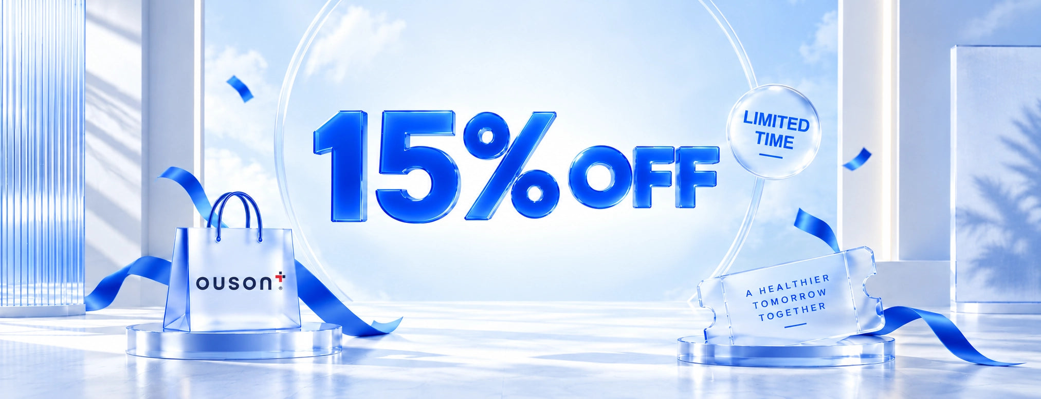 15 percent off in blue glass lettering, with a shopping bag, glass halo and coupon