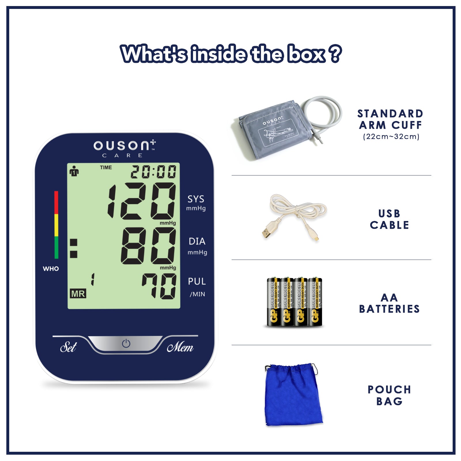 Ouson Senior Elite 3 Colour Backlight Arm Type Electronic Blood Pressure Monitor