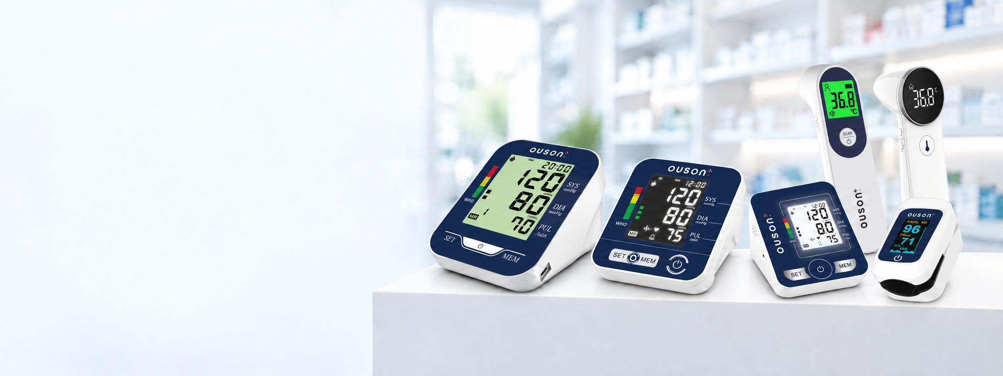 OUSON healthcare devices displayed in a bright pharmacy