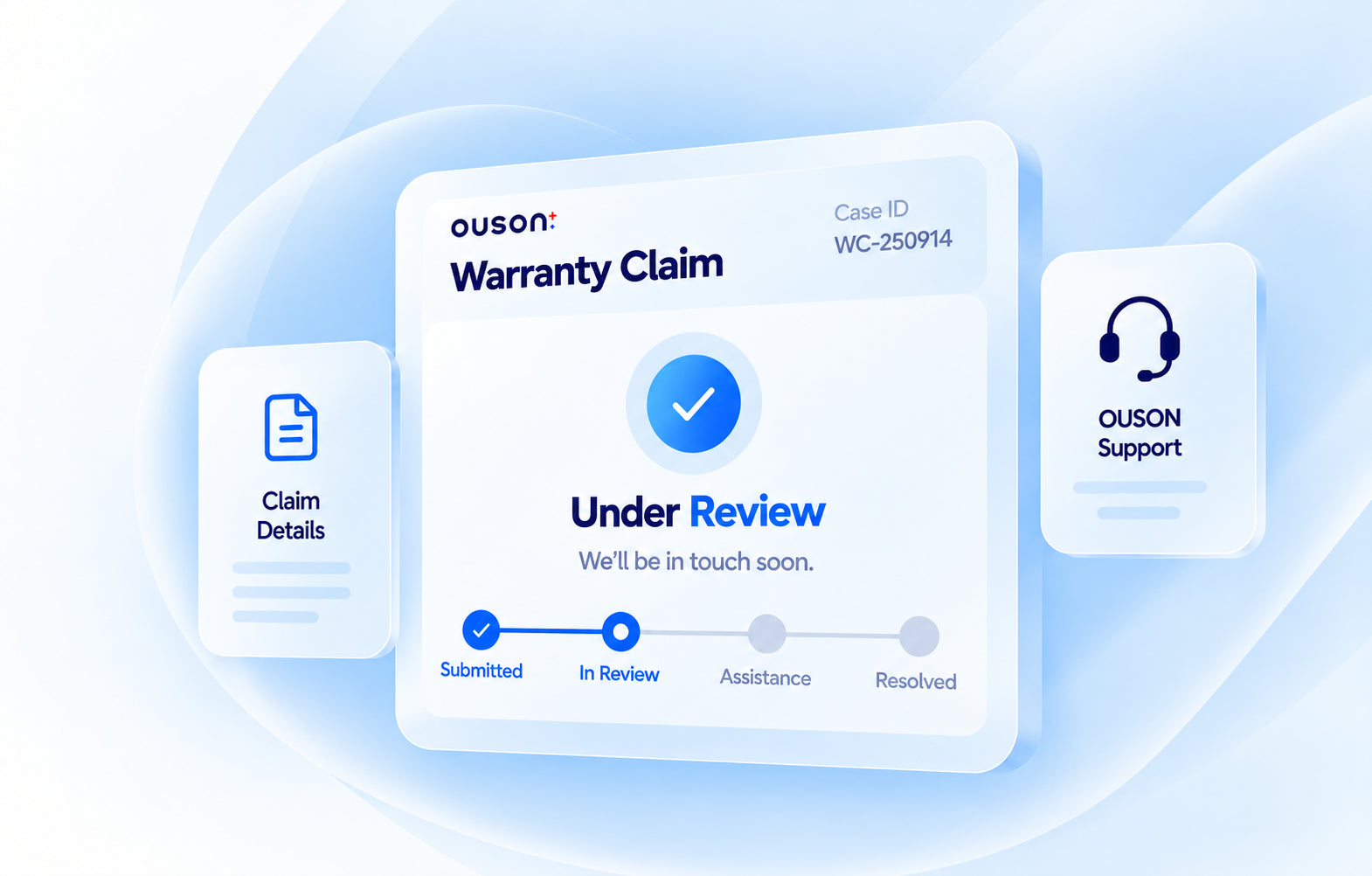Illustration of a warranty claim being reviewed by OUSON support