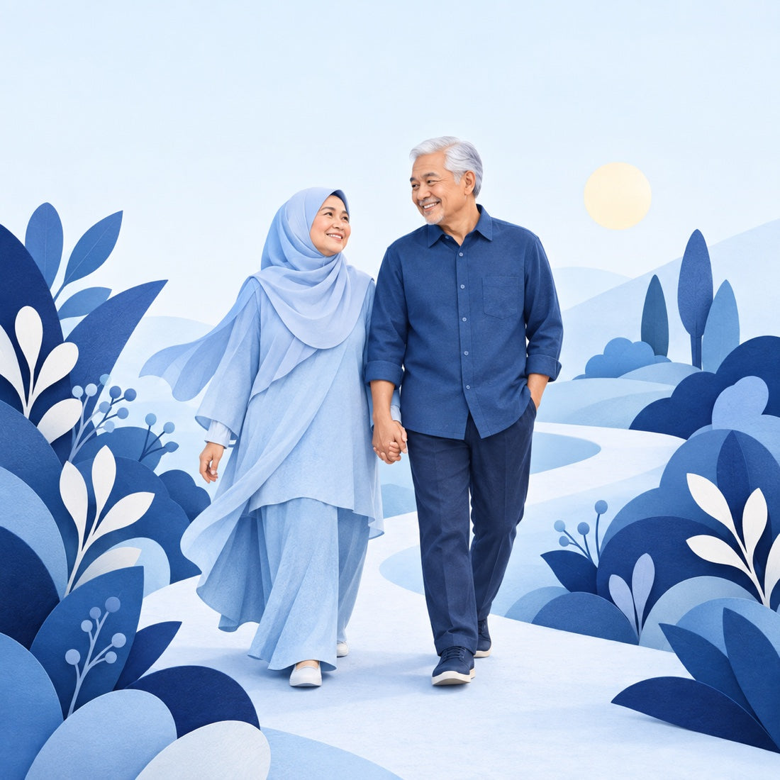 A blue paper-art garden with an older Malay couple enjoying a walk together